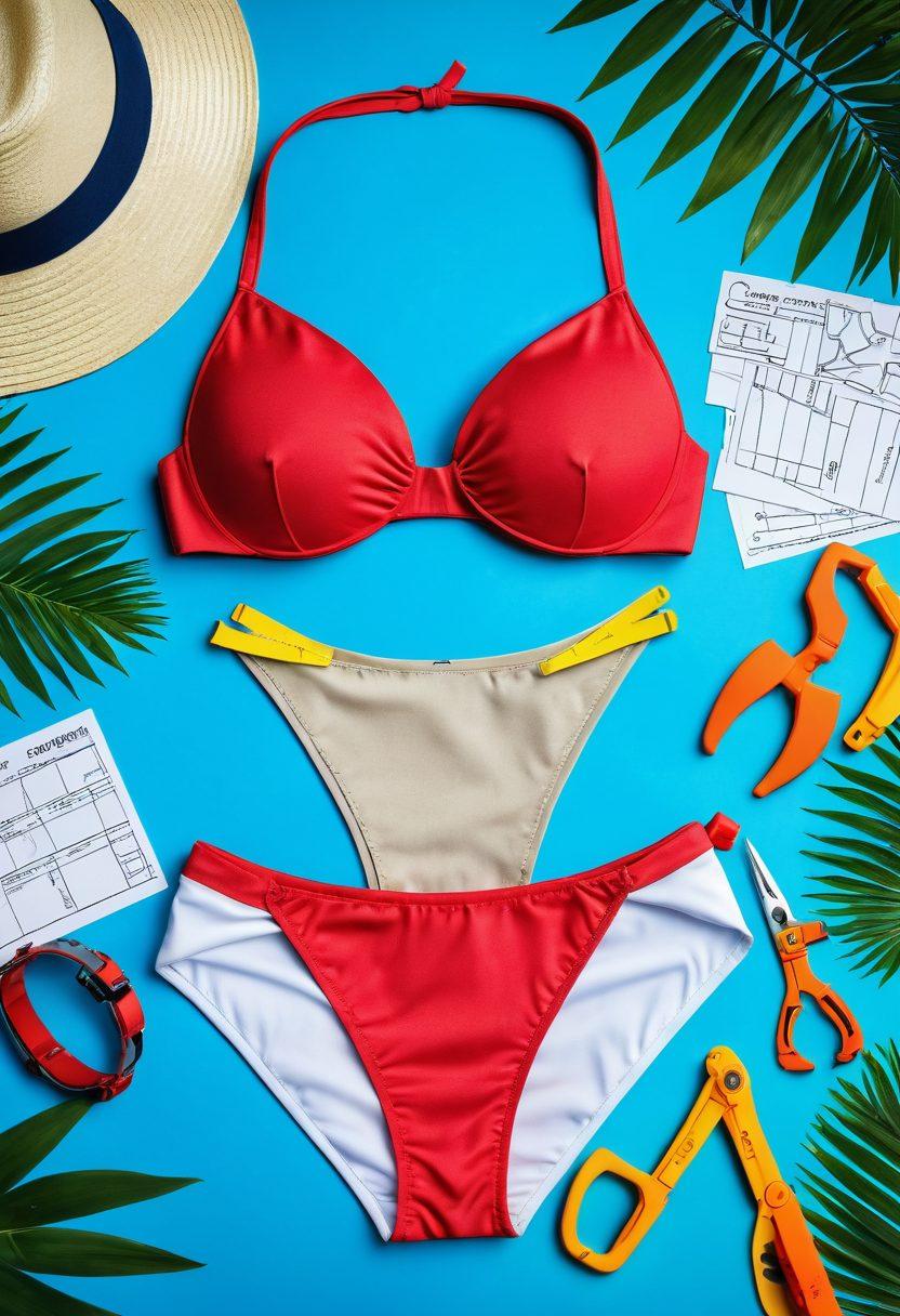 A stylish bikini on a mannequin, showcasing innovative design features, with engineer tools like calipers, blueprints, and fabric swatches scattered around. The background features a bright tropical beach to emphasize the fashion aspect. Vibrant colors dominate the scene, combining both elegance and technical precision. super-realistic. vibrant colors. beach background.