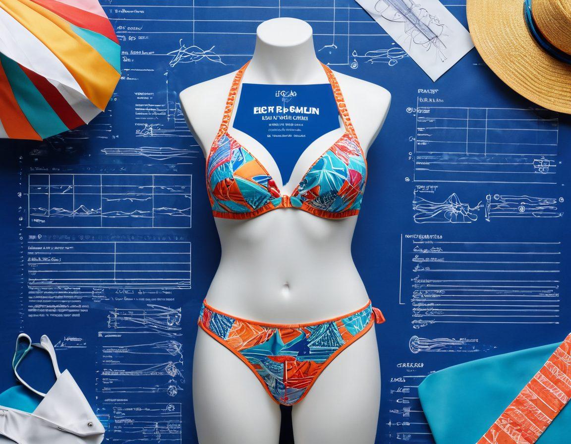 A stylish, high-tech bikini displayed on a mannequin, surrounded by scientific diagrams illustrating fabric technology and design principles. The background features vibrant waves and a sunny beach to emphasize the fusion of fashion and science. Include elements like color swatches and textile samples scattered around to showcase the design process. super-realistic. vibrant colors. beach setting.